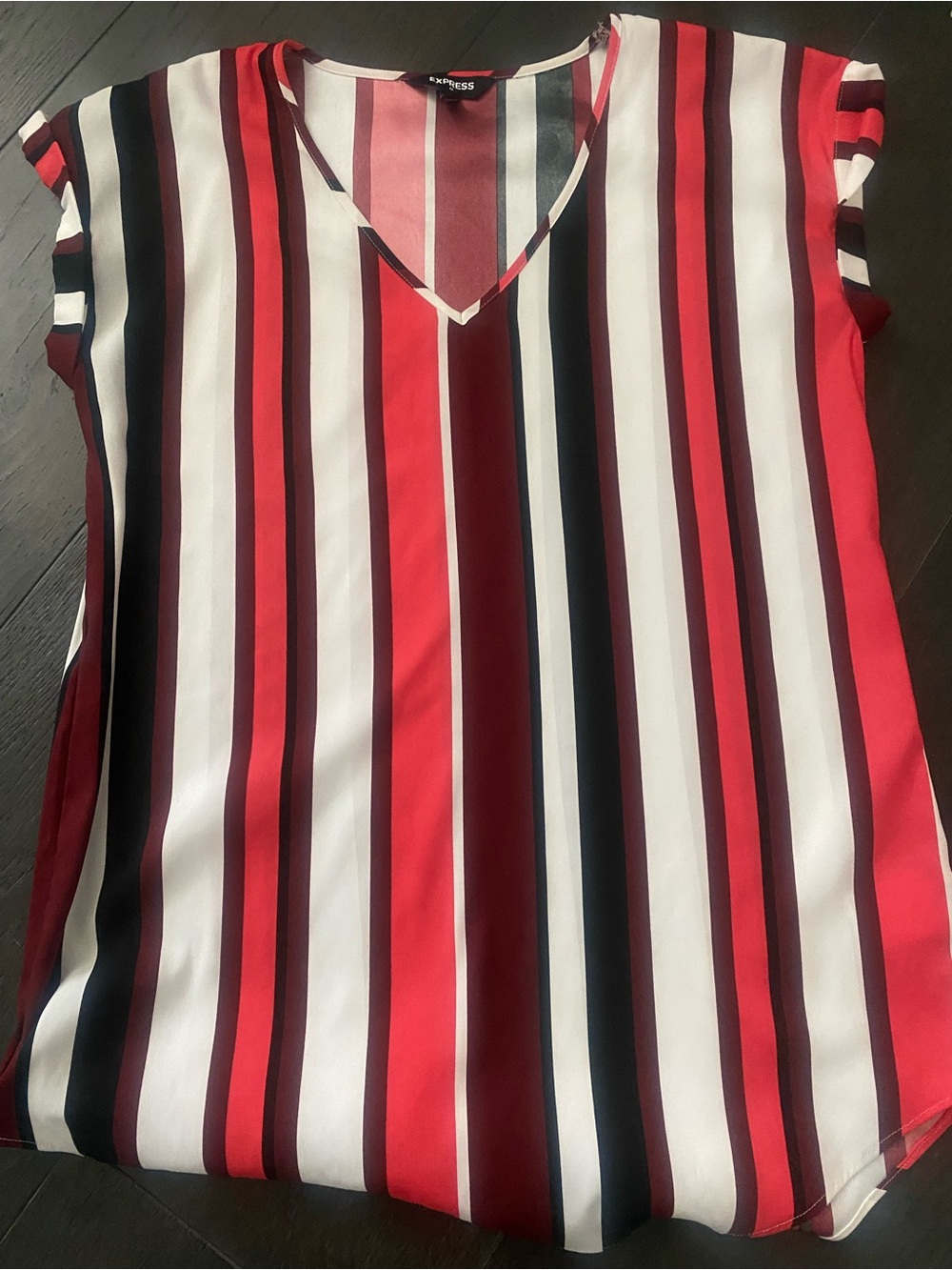 Express Women's Red, White & Black Vertical Stripe V-Neck Blouse